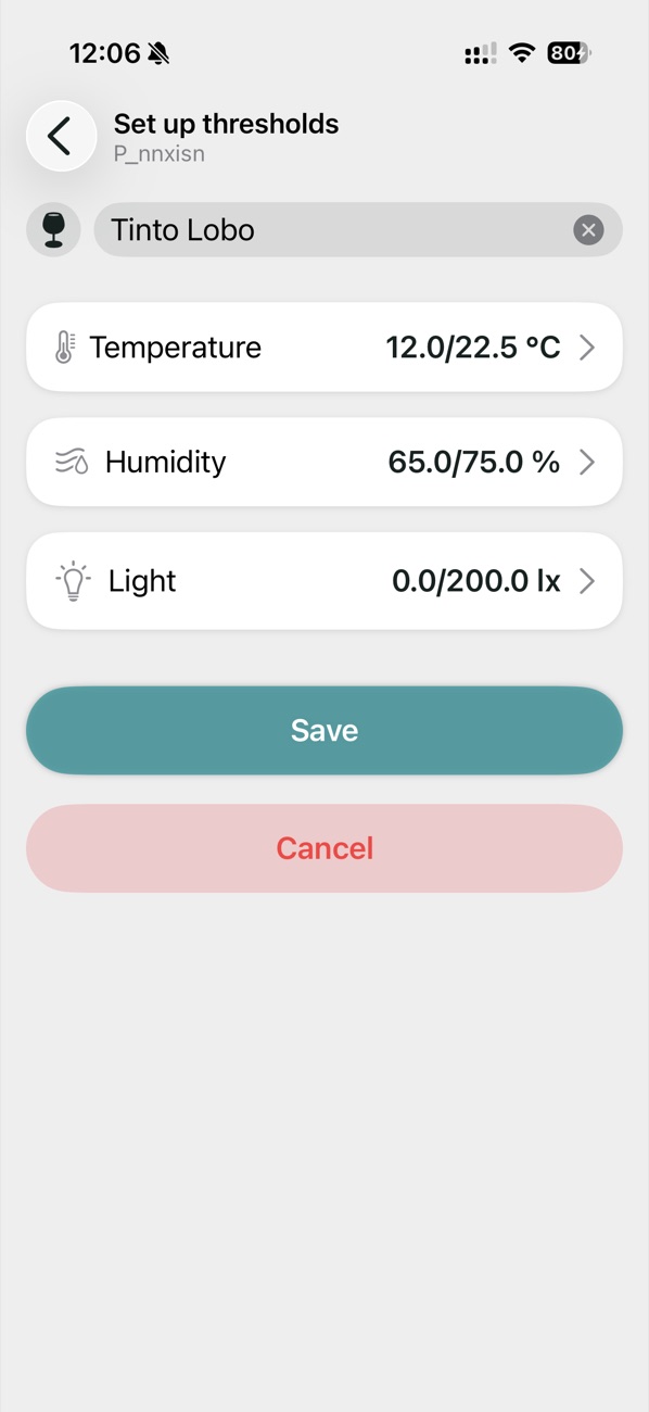 The Tali app thresholds screen for a wine named Tinto Lobo, with temperature, humidity and light ranges